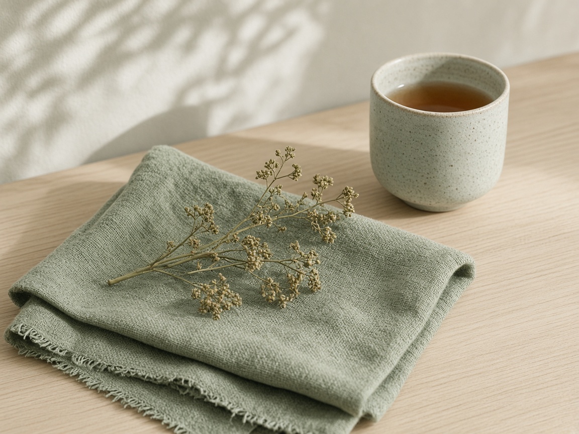 Ceramic cup, sage linen, and dried botanicals on wood